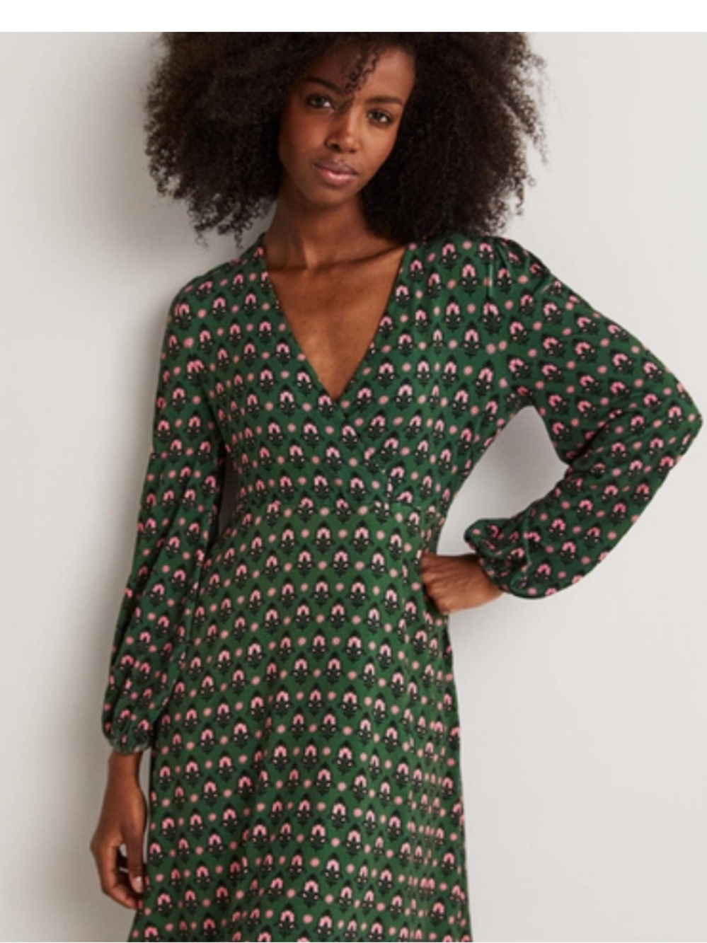 Boden Green V-Neck Long Sleeve Printed Dress with Pink Accents